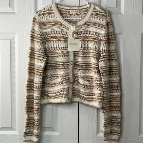 Marled Cream and Brown Striped Knit Cardigan with Front Pockets Size L - Picture 2 of 11